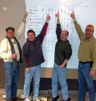 Salty Dogs team members point to their winning score in the recent Putt Putt Golf tournament held in Van Wert. (photo submitted)