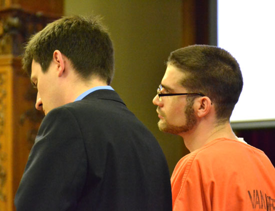 Cody McGinnis (right) with attorney Dillon Staas during his arraignment hearing in May. (VW independent file photo)