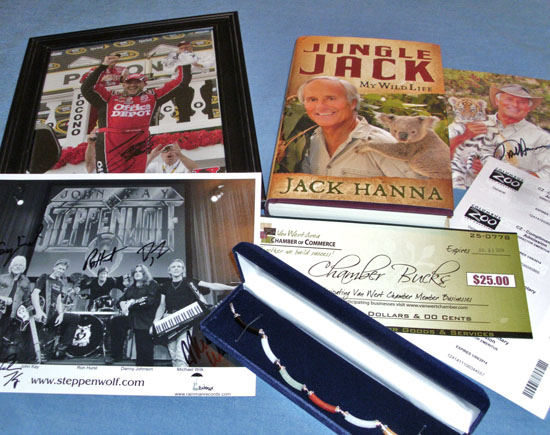A beautiful jade bracelet from Laudick's Jewelry, Van Wert Chamber of Commerce Chamber Bucks $25.00 certificate, Jack Hanna book with an autographed photo and four passes to the Columbus Zoo, Tony Stewart NASCAR autographed photo, and rock band Steppenwolf autographed photo.