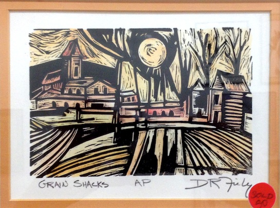 A hand-carved and hand colored lino print by Douglas Fiely, with a red “sold” dot. (Photo submitted.)