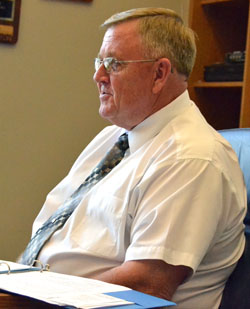 Crestview Superintendent Mike Estes talks about health insurance costs during Monday's August board of education meeting. (Dave Mosier/Van Wert independent)