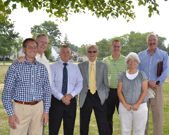 Scott Niswonger (second from left) tours the future Franklin Park site with (from the left) architect John Fisher, VWCS Superintendent Ken Amstutz, Van Wert Mayor Don Farmer, City Safety-Service Director Jay Fleming and City Parks Director Sue Heppeard and landscape architect Jim Douglas. (Dave Mosier/Van Wert independent)