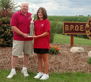Ohio Elks Soccer Shootout winner Syndi Thatcher with Fred Fisher, local Elks soccer chairman. (Elks photo)
