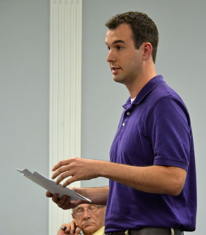 Main Street Van Wert Program Manager Adam Ries talks about that organization's comprehensive plan during a Van Wert City Council committee meeting Monday night. (Dave Mosier/Van Wert independent)