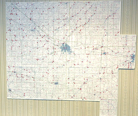 A map in the Van Wert County Engineer's Department showing all of the county's active bridges. (Dave Mosier/Van Wert independent)