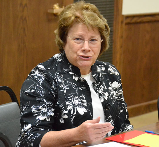 Kathy Taylor, a board member of the Crisis Care Line/House of Transition organization, talks to the Van Wert County Board of Commissioners on Tuesday. (Dave Mosier/Van Wert independent)