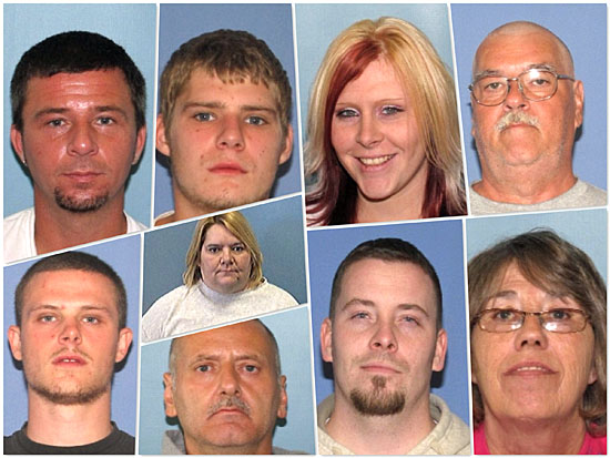 The nine people arrested as part of a Delphos drug bust include (top row, from the left) William Smith, Jeremy Detwiler, Catherine Wilson, Justin Diltz; (bottom row) Jesse Blackburn, Candy Brooks, Lyle Diltz, Korey Briggs and Lola Busch. (Delphos PD photos)