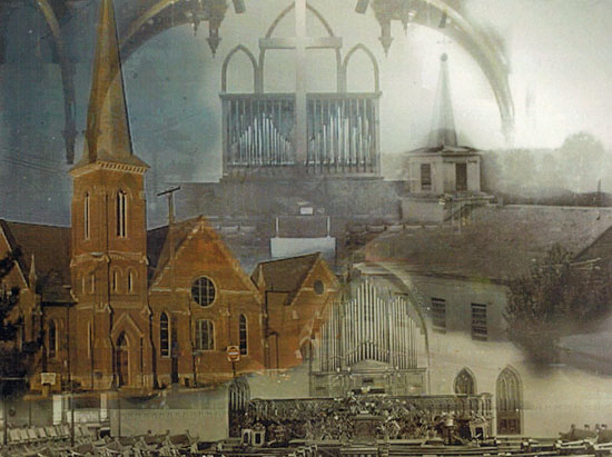 Some of First United Methodist Church's buildings over the past 175 years are shown in this collage. (photos submitted)