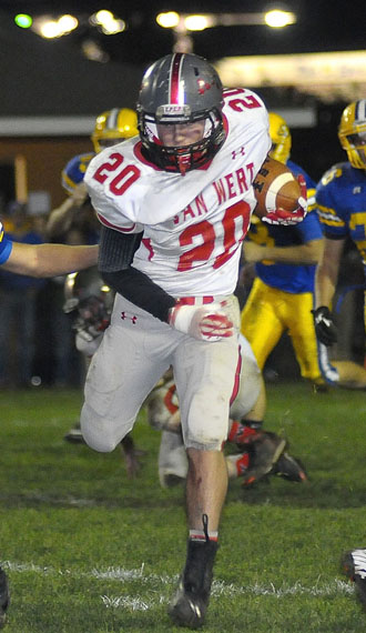 Justice Tussing (20) was the big offensive gun for Van Wert, rushing for 218 yards and scoring two touchdowns in the Cougars' 41-32 win over St. Marys. (Jan Dunlap/Van Wert independent)