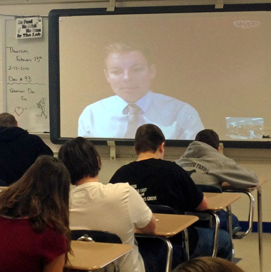 Andrew Booth's image is projected onto a screen during a recent Skype call with Crestview STEM students. (Crestview photo)