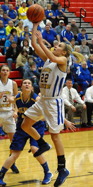 Lincolnview junior Hannah McCleery (22) led the Lancers in scoring with 11 points against Delphos St John's in Division IV sectional tournament play, but the Blue Jays won the game, 47-36. (Jan Dunlap/Van Wert independent)
