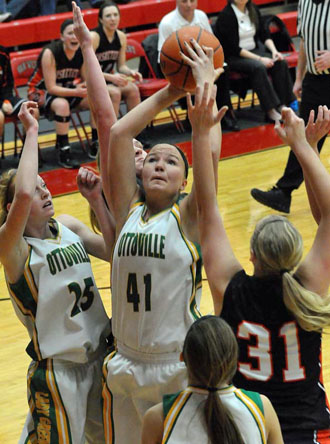 Ottoville's Lyndsey Wannemacher (41) goes up in traffic for a basket during Wednesday night's Division IV sectional semifinal game played at Van Wert. (Jan Dunlap/Van Wert independent)