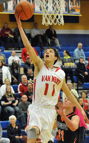 Van Wert's Nathan Stoller (11) goes up for a layup during Wednesday's sectional tournament game against Coldwater. (Jan Dunlap/Van Wert independent)