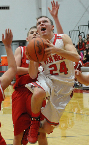 Van Wert's Connor Holliday (24) goes up for a layup in a game against Delphos Jefferson on Saturday. (Jan Dunlap/Van Wert independent)
