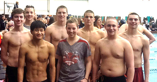 Shown are Van Wert district swimmers Hannah Stemen, Eric Easley, Sam Easley, Adam Jurczyk, Dan Silette, Jacob Scheidt, Kory Schlatter and Cade Fleming at Cleveland State University’s Robert Busbey Natatorium. (VWHS swimming photo)