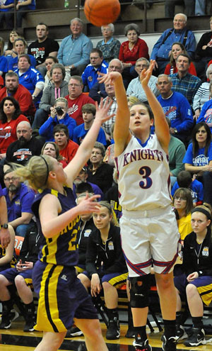 Lady Knight Terra Crowle (3) shots one from the corner during Thursday night's regional semifinal game against Holgate. Crestview bowed out, 54-46, and ends its season at 23-2. (Jan Dunlap/Van Wert independent)