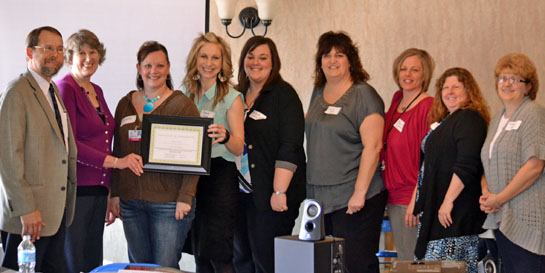 Representatives of the YWCA and Crime Victims Services agencies in Van Wert and Allen counties gathered Friday to kick off a partnership effort between them to provide rape services in the county. (Dave Mosier/Van Wert independent)