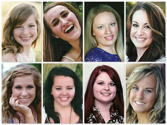 2014 Peony Pageant candidates include (top row, from the left) Chelsea Hancock, Cheyenne Stant, Elizabeth Griffin, and Mackenzie Haney; (bottom row) Claire Gamble, Rachel Nicelley, Amberlyn Miller and Tori Suever. (photos submitted)