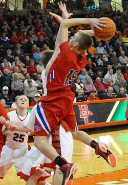 Ethan Linder (15) goes up for a shot against Buckeye Central in the other regional semifinal game at BGSU. The Raiders won 78-51 to earn a rematch with Crestview on Friday. (Jan Dunlap/Van Wert independent)