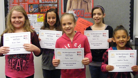 Congratulations to the Van Wert Elementary Students of the Week! These girls represent the Word of the Week, “Humility”. Caitlyn, Grade 5; Haylee, Grade 4; Brooke, Grade 3; Payton, Grade 2; and Jaydence, Grade 1. These students received a free Mighty Kids Meal for our local McDonalds. (Photo submitted.)