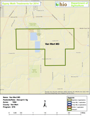 This map shows the area in Van Wert County where gypsy moth treatments will occur. (Ohio Dept. of Agriculture map)