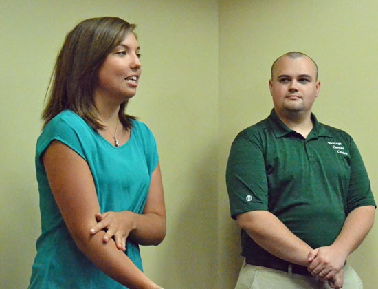 Vantage Interact Club President Cailah Rickard (left) talks about her trip to Haiti this year while club advisor Matt Miller looks on. (Dave Mosier/Van Wert independent)