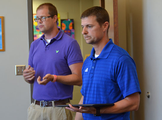 Curriculum Director Trent Kreischer (left) and Technology Coordinator Shane Leeth provide information to the Crestview Local Board of Education on technology integration in the district. (Dave Mosier/Van Wert independent)