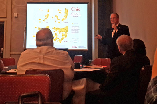 Steven Kelly discusses population trends in Ohio during the Summer Quarterly Meeting of Ohio Conference of Community Development. (photo submitted)