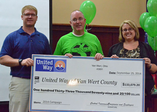 Central United Way Campaign Chairs Travis Owens (left) and Carly Fortman (right) are shown with United Way Campaign Chair Scott Mull and a check representing the amount Central is donating to this year's campaign. (Dave Mosier/Van Wert independent)