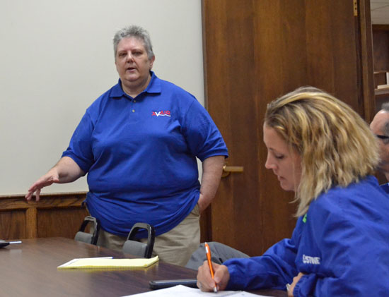 AvAir CEO Cathy Woodyard makes a presentation Tuesday to the Van Wert County commissioners on her proposed charter air passenger company. (Dave Mosier/Van Wert independent)