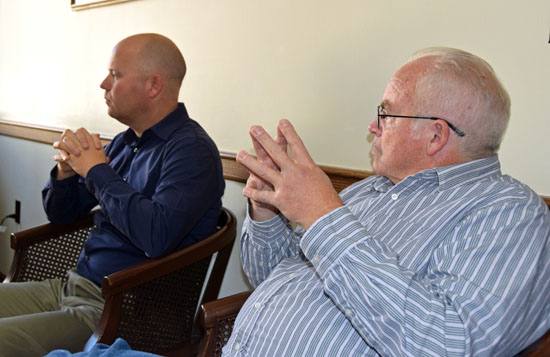 Delphos Mayor Michael Gallmeier (right) and Safety-Service Director Shane Cole listen to an economic development proposal from the Van Wert County Board of Commissioners on Friday. (Dave Mosier/Van Wert independent)