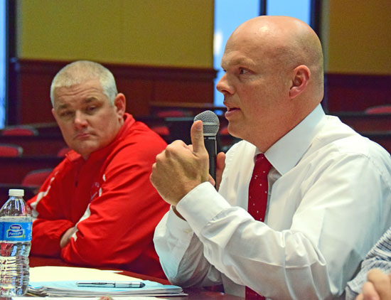 Van Wert High School teacher Chris Covey (with microphone) talks about the New Tech High School project-based education program. (Dave Mosier/Van Wert independent)