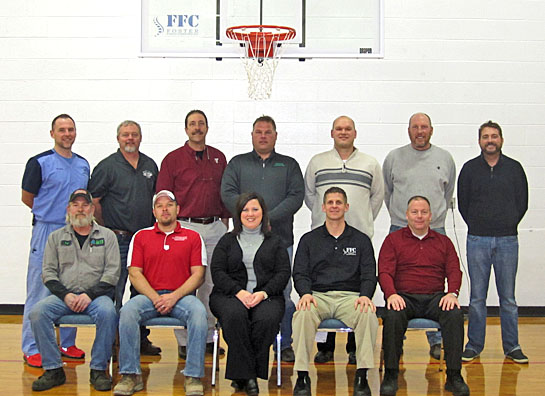 Shown with one of the YMCA’s newly installed hoops include (front row, from the left) Bud Baker of Elmco Engineering, Todd Wallace of Wallace Plumbing, Leah Purmort-Treece of Purmort Brothers Insurance Agency, Dr. Shad Foster of Foster Family Chiropractic and Eric McCracken of Lee Kinstle GM Sales & Service; (back row) Dr. Jacob Jones of Van Wert Family Physicians, Chad Adams of Quality Painting and Roofing, YMCA Executive Director Hugh Kocab, Troy Treece of Treece Landscaping, incoming YMCA Board President Mark Bagley, YMCA Director of Maintenance Curt Schaffner, and YMCA Program Director Mitch Price. (YMCA photo)