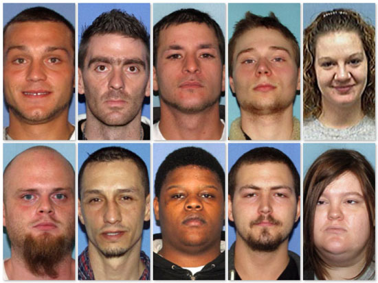 Those arrested or served in connection with drug-related grand jury indictments include (top row, from the left) Kasey Schisler, Charles Myers IV, Bronson Pate, Rodney Adams, Tiffany Dearing; (bottom row) Joshua Minyoung, Dion Kantner, Countez Kelly, Brandon Foust and Danielle Johnson (Sheriff's Dept. photos)