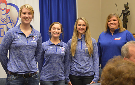 Members of the Crestview volleyball team and Coach Tammy Gregory were at Monday night's Crestview Local Board of Education meeting. (Kelsey Clemons/Van Wert independent)