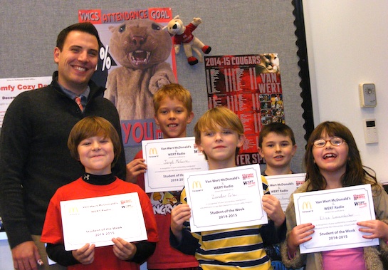 Congratulations to the Van Wert Elementary Students of the Week! These children represent the Word of the Week, Equality, and received a free Mighty Kids Meal from our local McDonalds.  Pictured with Justin Krogman, Assistant Principal, are Jaryd, Grade 5; Corbin, Grade 4; Max, Grade 3; Zander, Grade 2; and Eliza, Grade 1.  Thank you to WERT Radio for sponsoring this event. (Photo submitted.)