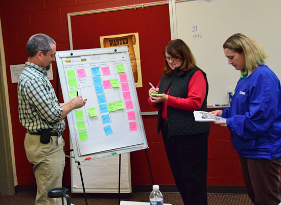 Jason Menchhofer (left), of the Van Wert County Health Department, Delphos city employee Sherryl George and County Economic Development Director Sarah Smith work on identifying priorities for their organizations during LeanOhio training held Monday at Vantage Career Center. (Dave Mosier/Van Wert independent)