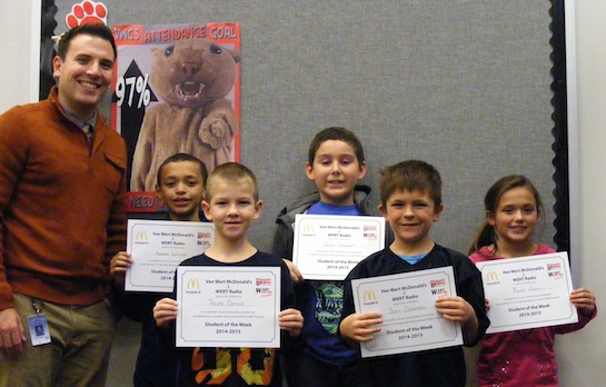 Congratulations to the Van Wert Elementary Students of the Week! These students RESPECT AUTHORITY:  (Pictured with Assistant Principal, Mr. Krogman) Xander, Grade 5; Gage, Grade 4; Riley, Grade 3; Joey, Grade 2; and Trevor, Grade 1.  Each child received a free Mighty Kids Meal from our local McDonalds and a certificate from WERT Radio. (Photo submitted.)