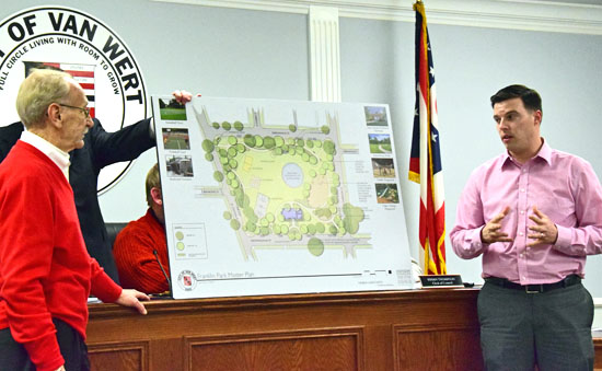 Van Wert Mayor Don Farmer (left) and Van Wert County Foundation Executive Secretary Seth Baker stand next to a proposed design for the Franklin Park project. (Dave Mosier/Van Wert independent)
