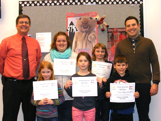  Congratulations to the Van Wert Elementary Students of the Week! Grace, Grade 5; Aerica, Grade 4; Keaton, Grade 3; Breonna, Grade 2; and Kylie, Grade 1, represent the Words of the Week, “Being Alert”, and are pictured with Kevin Gehres, Principal, and Justin Krogman, Assistant Principal.  Every Student of the Week winner receives a free Mighty Kids Meal from our local McDonalds and a certificate from WERT Radio. (Photo submitted.)