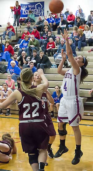Crestview's Kennis Mercer (4) takes a shot during the Lady Knights' dominating win over Paulding on Thursday. (Bob Barnes/Van Wert independent)