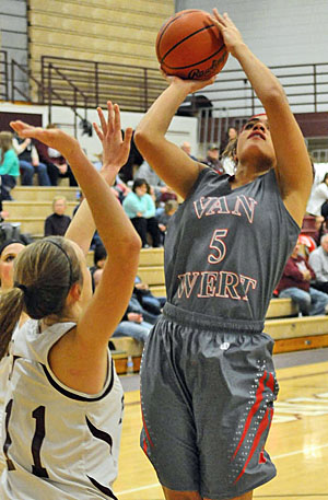 Alexis Dowdy puts in a layup over a Paulding defender in the Lady Cougars' win over the Panthers on Tuesday. (Jan Dunlap/Van Wert independent)