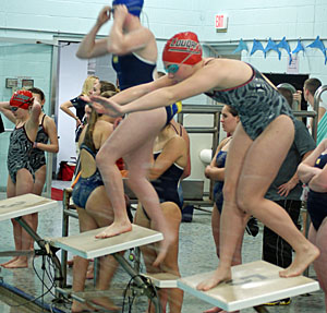 Shown is Van Wert senior Hannah Stemen has she dives to begin her leg of the 400-meter freestyle relay. (photo submitted)