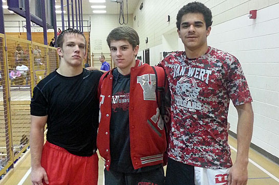 Van Wert wrestlers who finished in the top four of a tournament in New Haven, Indiana, include (from the left) Chandler Adams, Andy Hammond, and Marcel Salcido. (photo submitted)