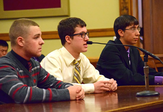 Three of 10 Van Wert High School AP Government students rehearse for the "We the People" competition in Van Wert County Common Pleas Court. (VW independent file photo)