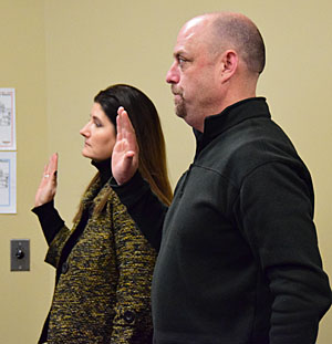 Vantage Board of Education members Melissa Burtch (Parkway) and Dennis Recker (Antwerp) take the oath office during Vantage's organizational meeting on Thursday. (Dave Mosier/Van Wert independent)