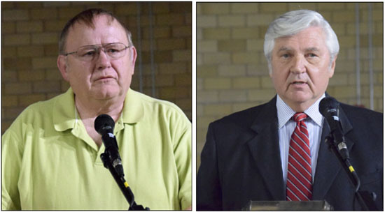 Van Wert mayoral candidates Ken Mengerink (left) and Jerry Mazur speak during Thursday's Candidates' Night event hosted by the Van Wert County Republican Central Committee. (Dave Mosier/Van Wert independent)