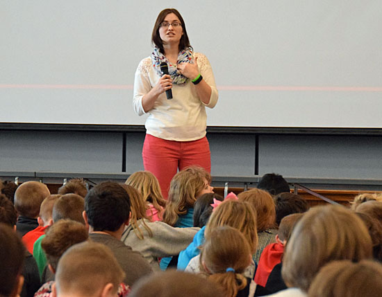 Van Wert Elementary School teacher Abbey Craft talks to students about the school's new "I AM A HERO" program during a presentation Friday afternoon. (Dave Mosier/Van Wert independent)