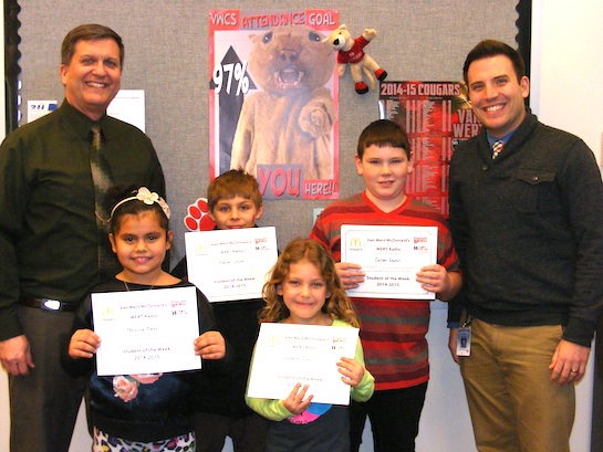 Congratulations to the Van Wert Elementary Students of the Week! Pictured with Kevin Gehres, Principal, and Justin Krogman, Assistant Principal, are “Grateful” students: Cullen, Grade 5; Melissa, Grade 3; Mason, Grade 2; and Isabella, Grade 1. Each child received a free Mighty Kids Meal from the local McDonalds and a certificate from WERT Radio. (Photo submitted.)