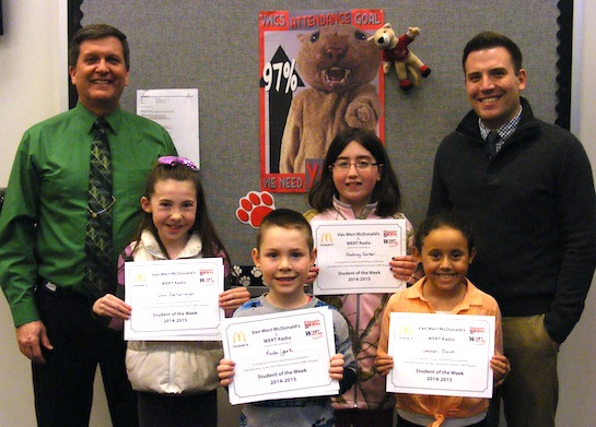 Congratulations to the Van Wert Elementary Students of the Week! Pictured with Kevin Gehres, Principal, and Justin Krogman, Assistant Principal, are students chosen by their teachers for showing “initiative.”: Audrey, Grade 5; Lauren, Grade 4; Lexi and Koda, both from Grade 2; and Harper, Grade 1. Each child received a free Mighty Kids Meal from our local McDonalds and a certificate from WERT Radio. (Photo submitted.)
